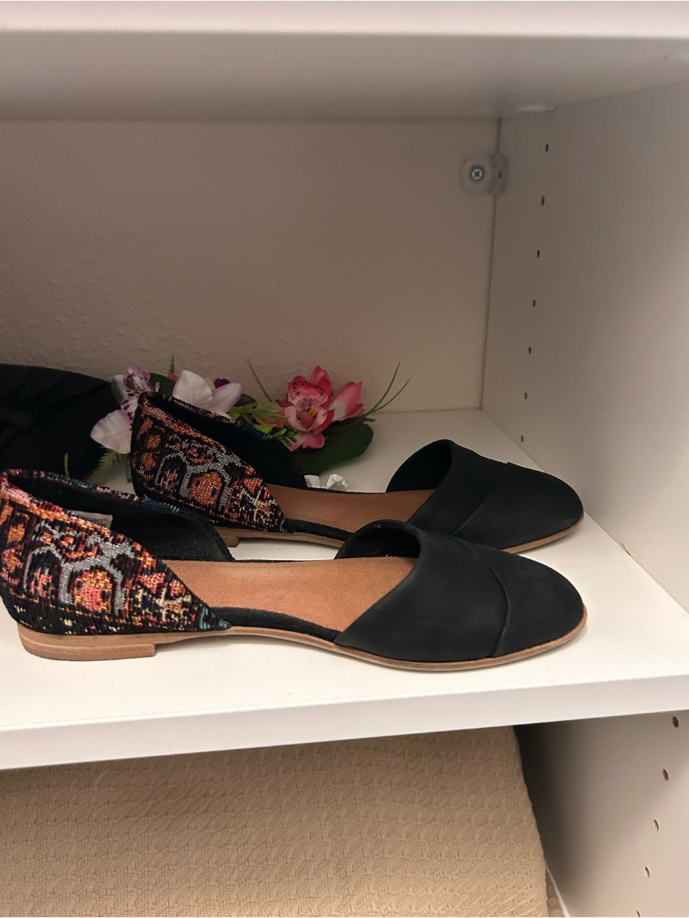 Toms Black D'Orsay Flats with Woven Multi-Color Heel